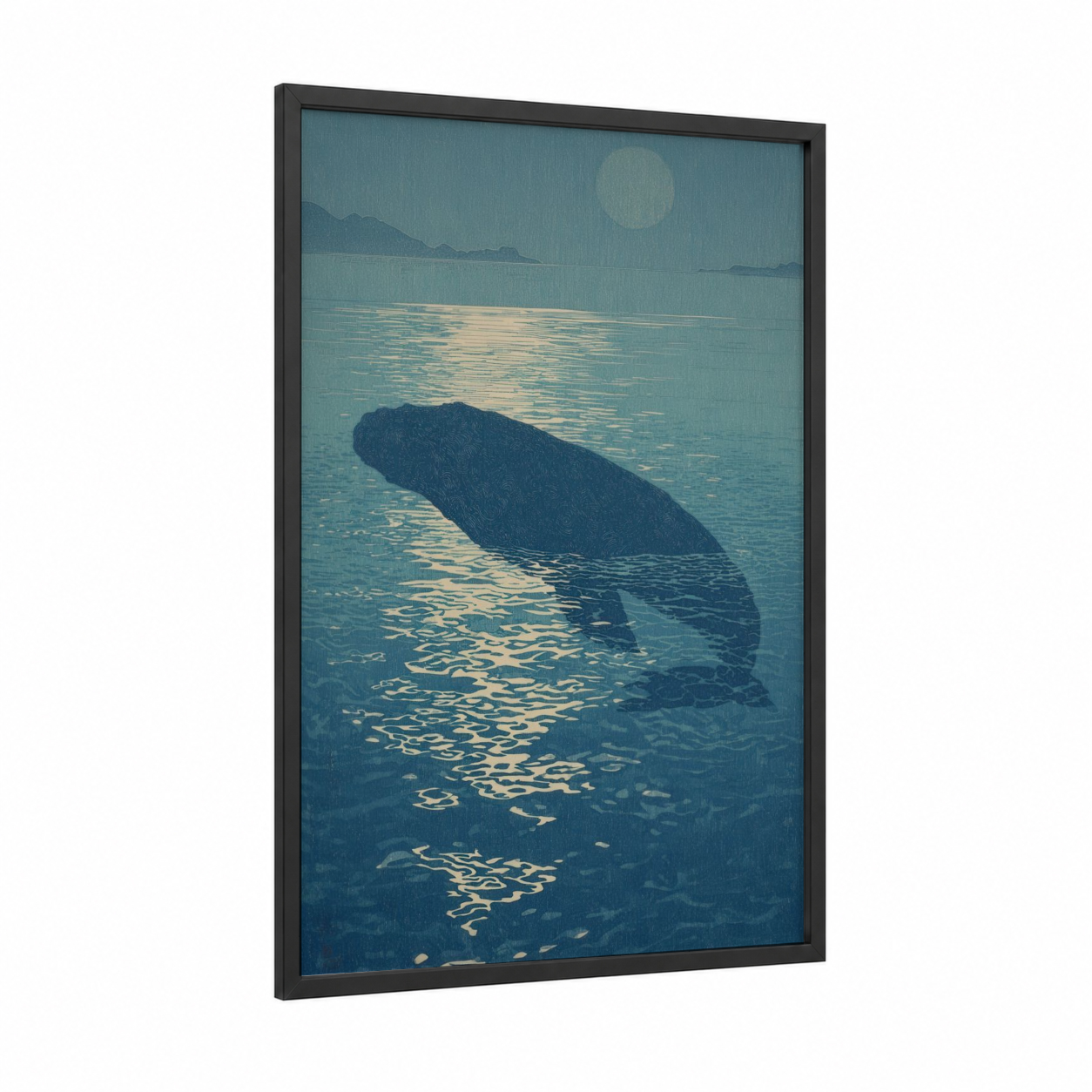 Moonlit Sperm Whale framed art print — black wood frame — teal and cream palette