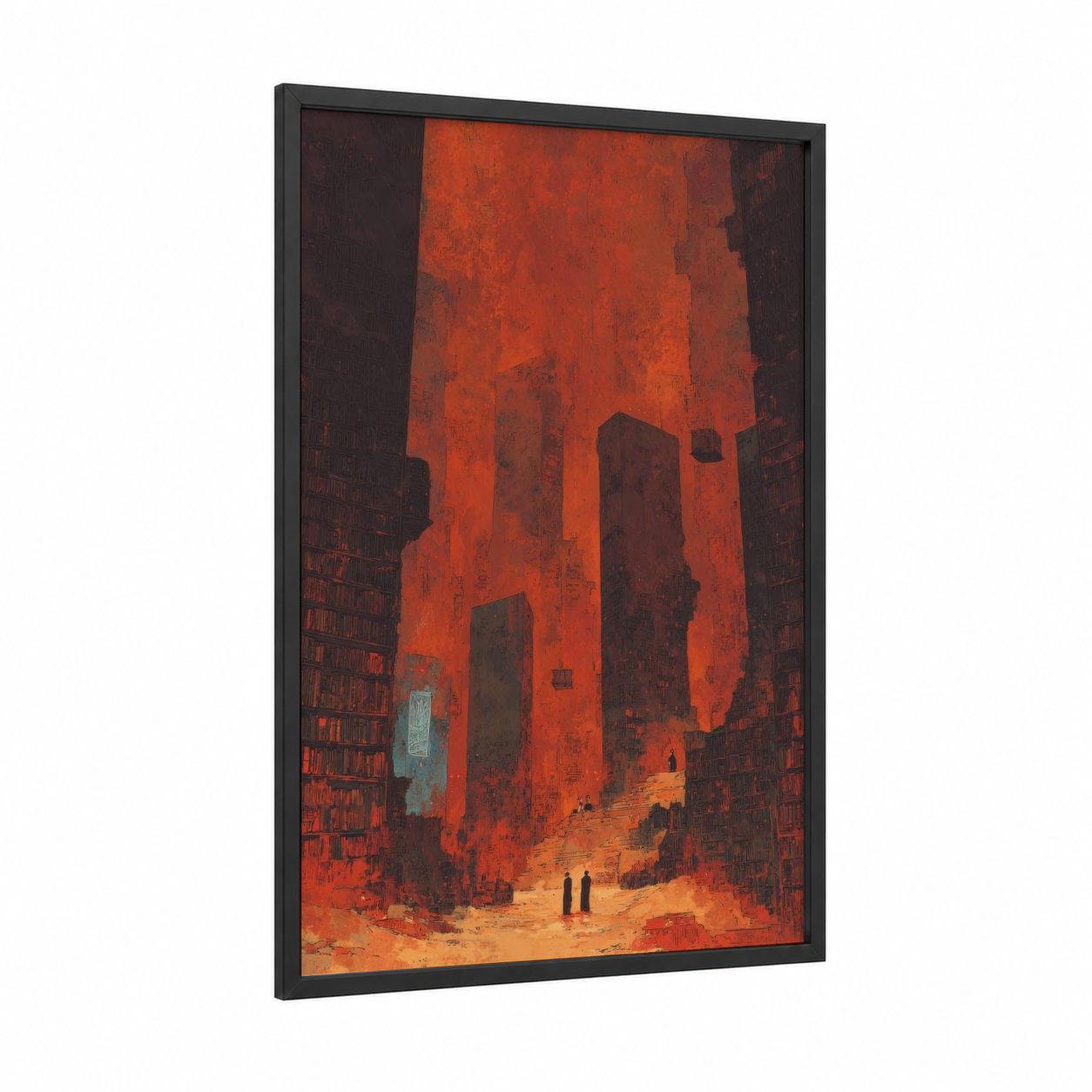 Crimson Wasteland framed sci-fi print — black wood frame — red and black palette
