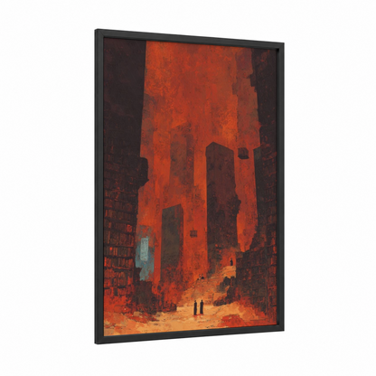 Crimson Wasteland framed sci-fi print — black wood frame — red and black palette