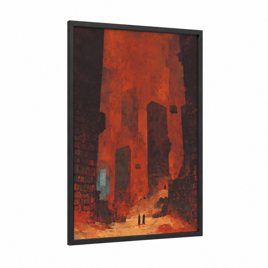 Crimson Wasteland framed sci-fi print — black wood frame — red and black palette