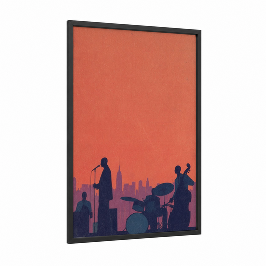 Urban Funk Sunset framed art print — black wood frame — pumpkin and maroon palette