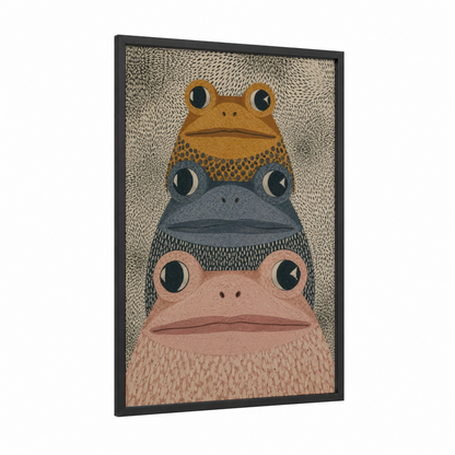 Stacked Toads Whimsical Nursery Wall Art framed frogs and toads print — black wood frame — beige and black palette