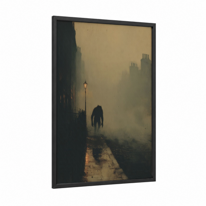 Foggy Werewolf framed art print — black wood frame — black and gold and dove gray palette