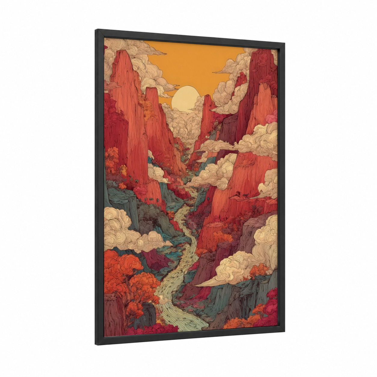 Crimson Canyon Sunset framed art print — black wood frame — red and gold palette