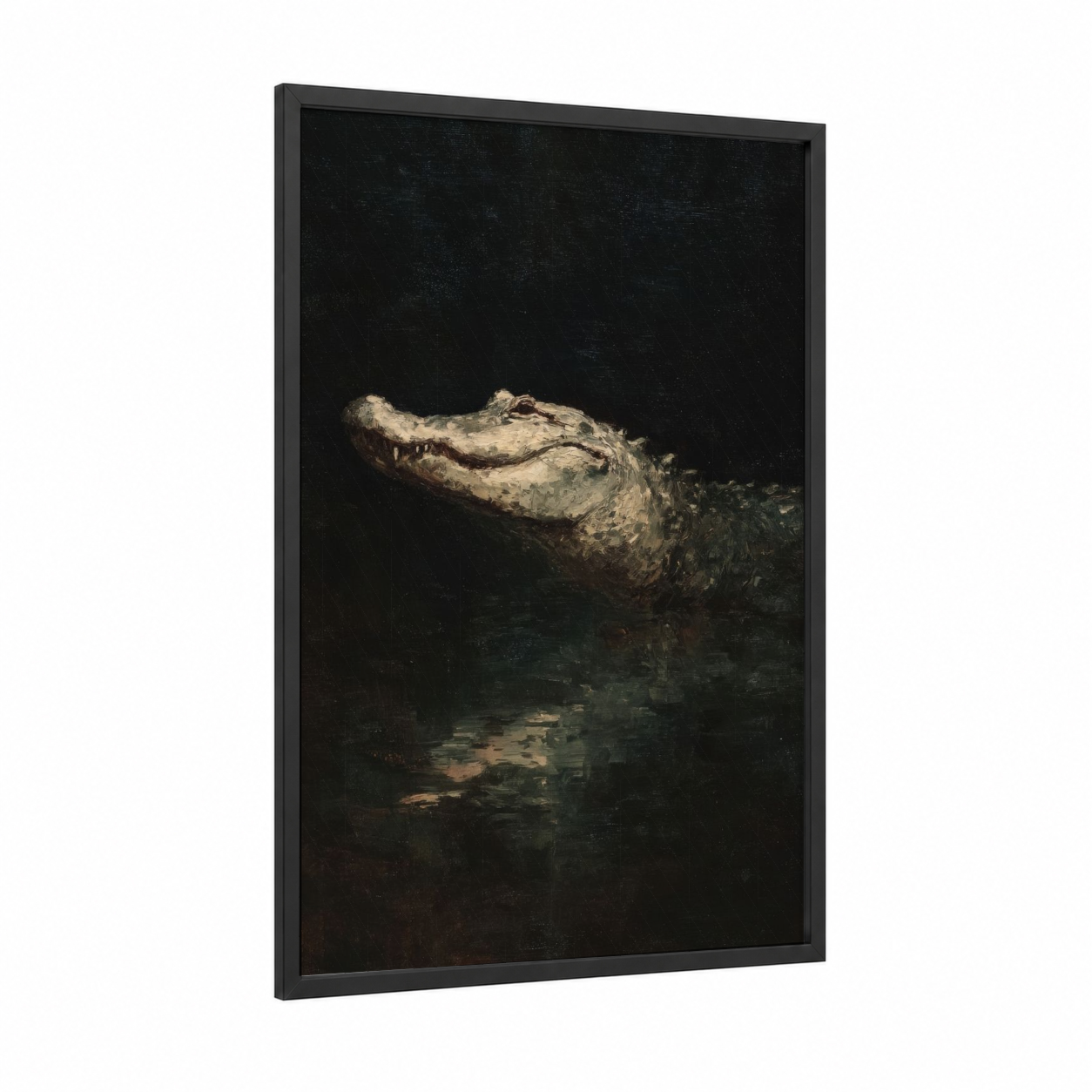 Swamp Lurker Alligator framed art print — black wood frame — black and gold palette