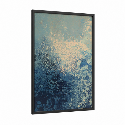 Golden Catch framed fishing print — black wood frame — blue and gold and cream palette