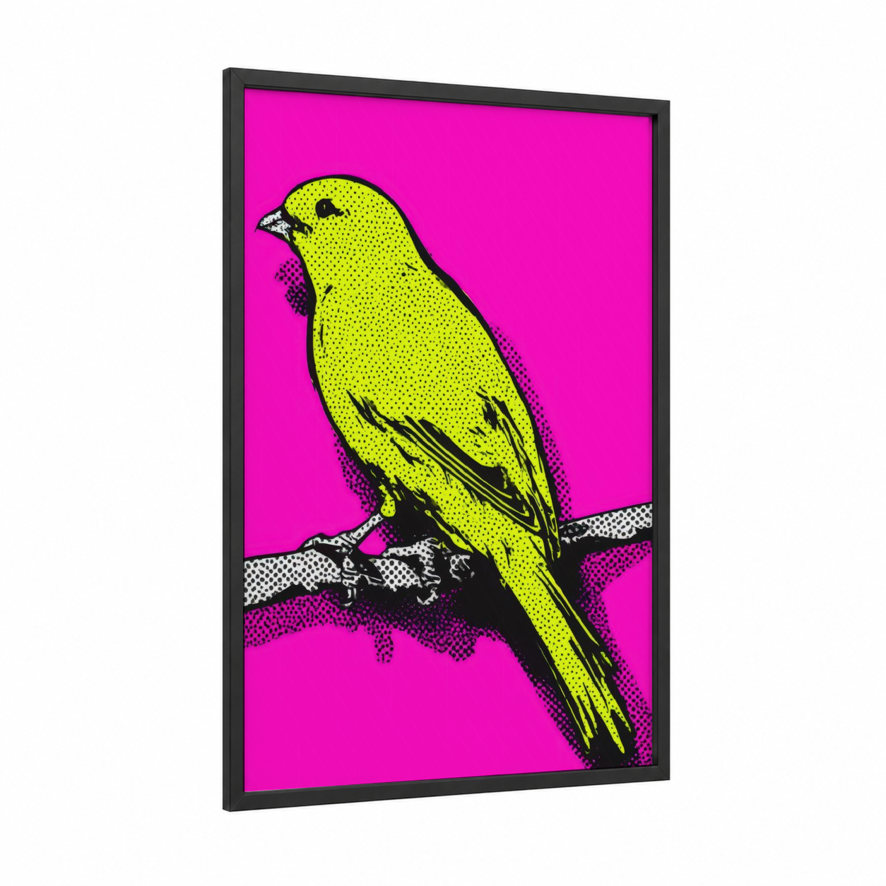 Neon Canary framed canaries print — black wood frame — yellow gold and magenta palette