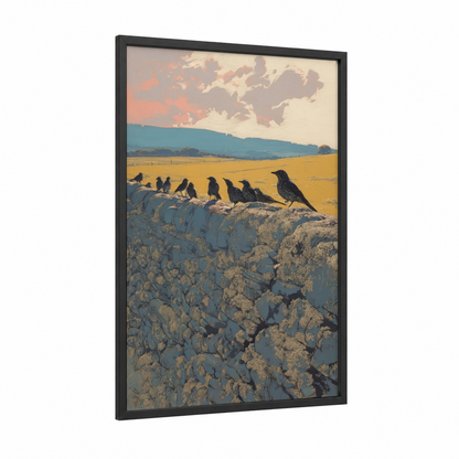 Perched Thrushes framed art print — black wood frame — gold and teal palette