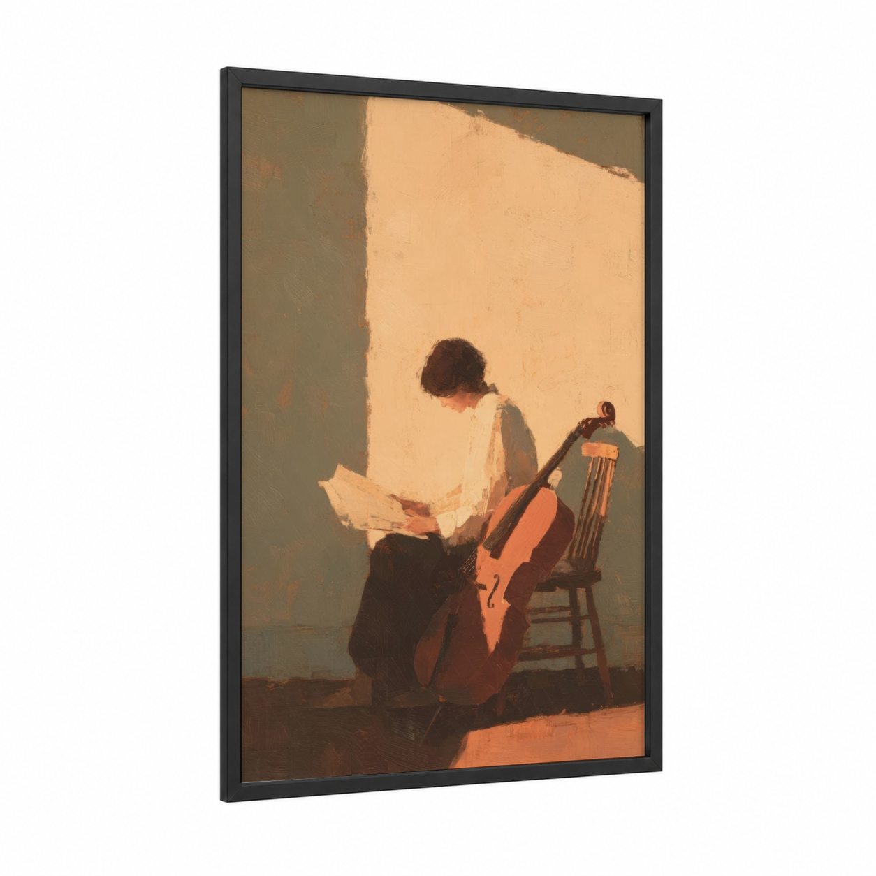 Cellist Reading framed musician print — black wood frame — gold and brown palette