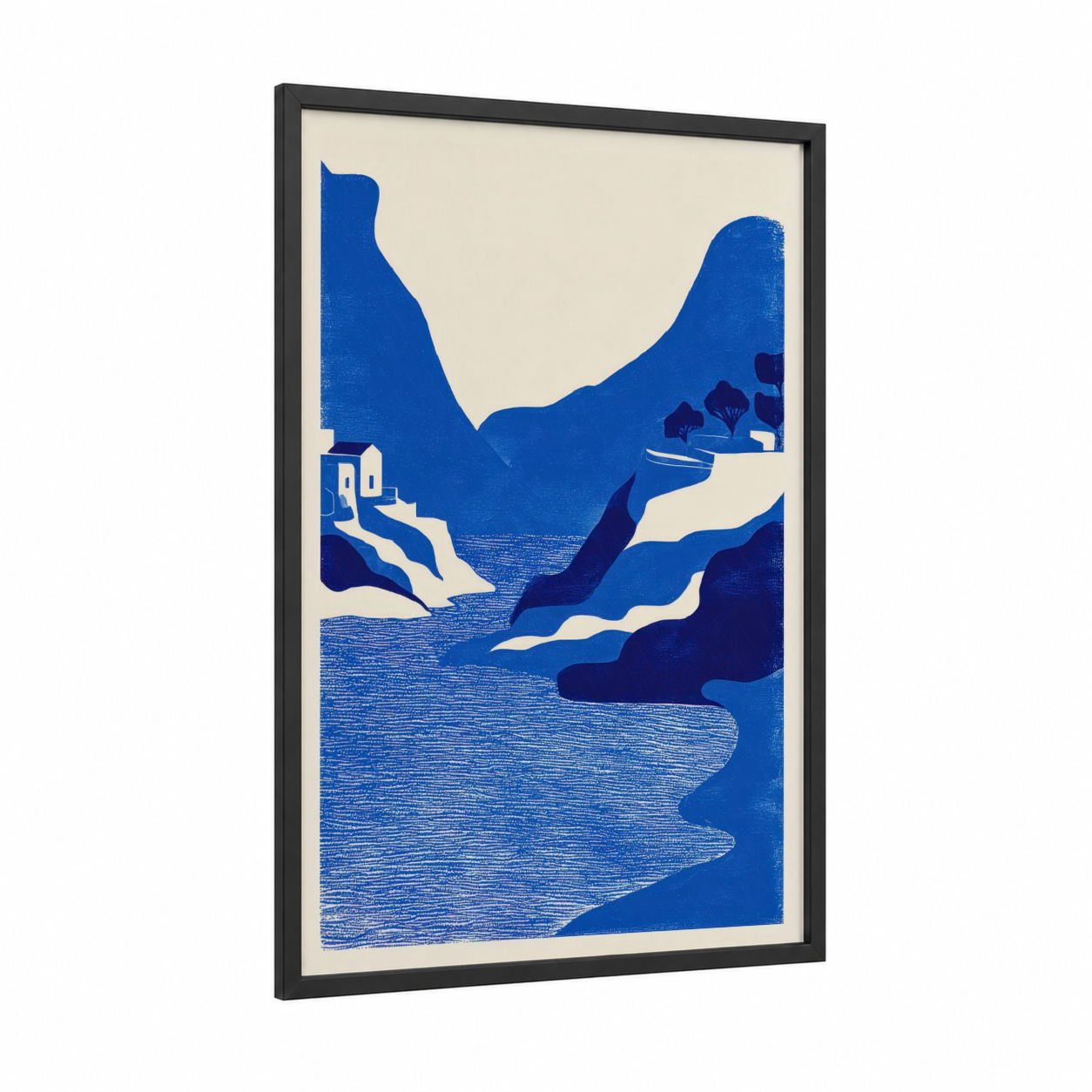 Blue Canal Landscape framed art print — black wood frame — blue and cream palette