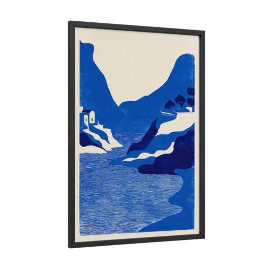 Blue Canal Landscape framed art print — black wood frame — blue and cream palette