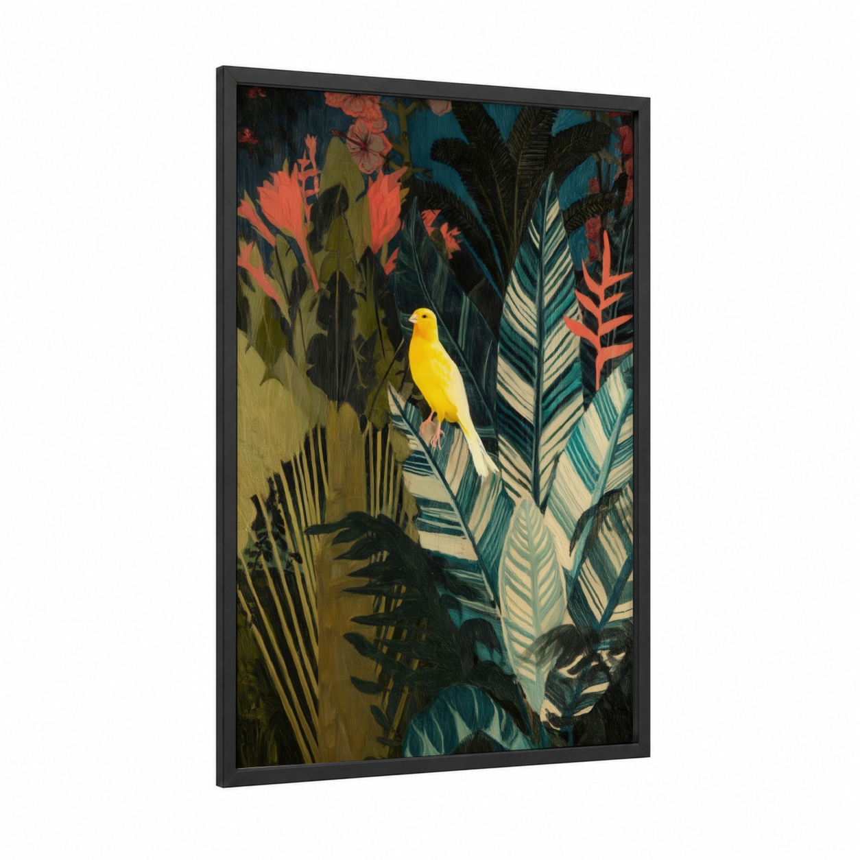 Tropical Yellow Canary framed canaries print — black wood frame — teal and orange palette