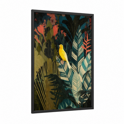 Tropical Yellow Canary framed canaries print — black wood frame — teal and orange palette