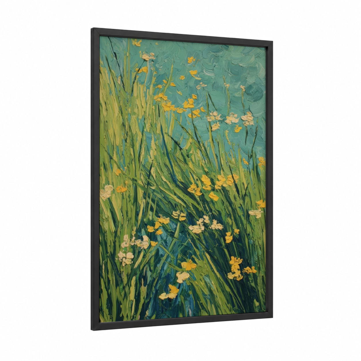 Golden Wildflower Grass framed art print — black wood frame — light green and gold palette