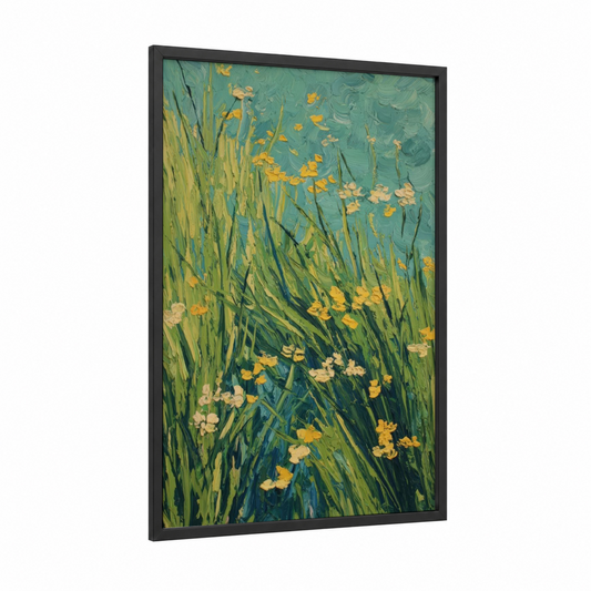 Golden Wildflower Grass framed art print — black wood frame — light green and gold palette