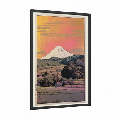 Mount Fuji Dawn framed various landscapes print — black wood frame — gold and salmon pink palette