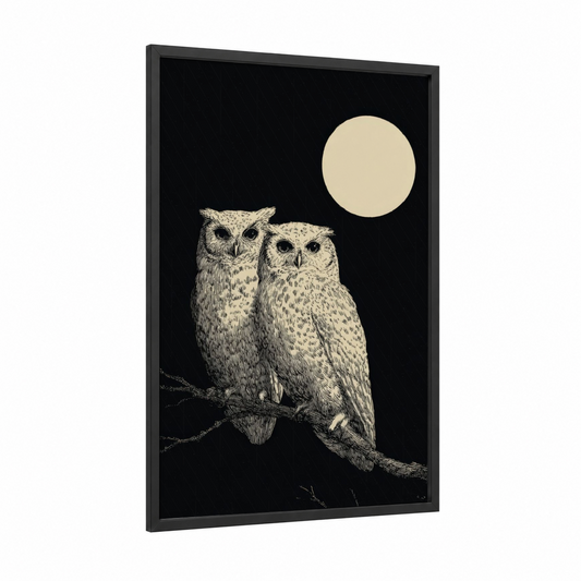 Moonlit Owl Pair framed animals in love print — black wood frame — cream and black palette