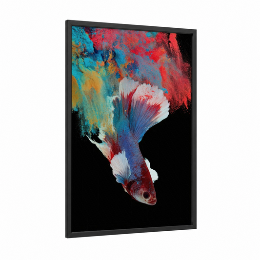 Crimson Betta Fish framed fighting fish print — black wood frame — red and blue palette