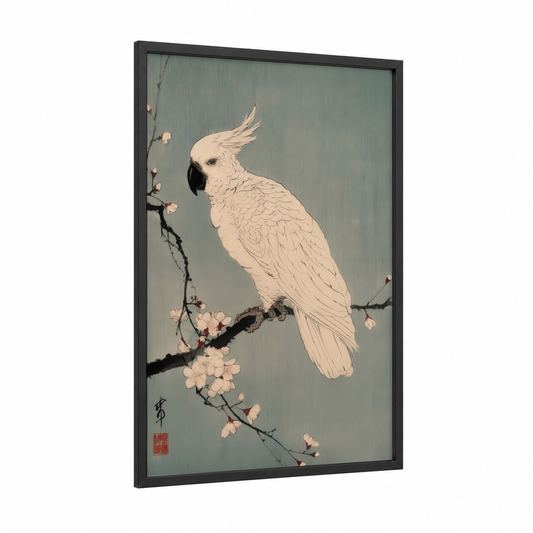 Cockatoo Blossoms framed safari parrots print — black wood frame — sage green and cream palette