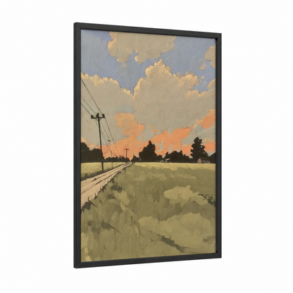 Golden Hour Countryside framed various landscapes print — black wood frame — gold and light green palette