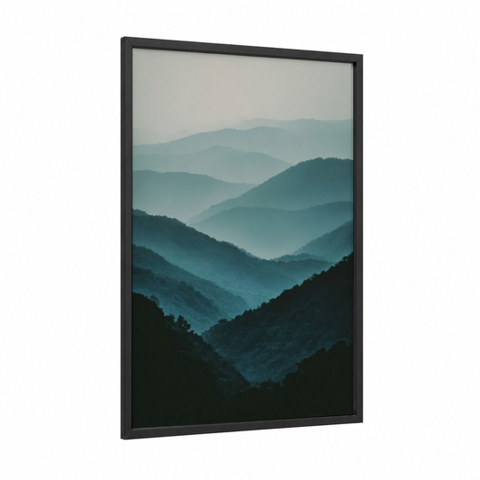 Misty Ridge Layers framed blue ridge mountains print — black wood frame — blue and gray palette