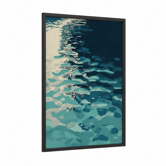 Aerial Lake Swimmers framed lakes print — black wood frame — teal and cream palette