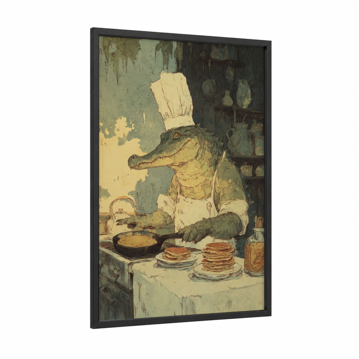 Chef Alligator framed art print — black wood frame — sage green and cream palette