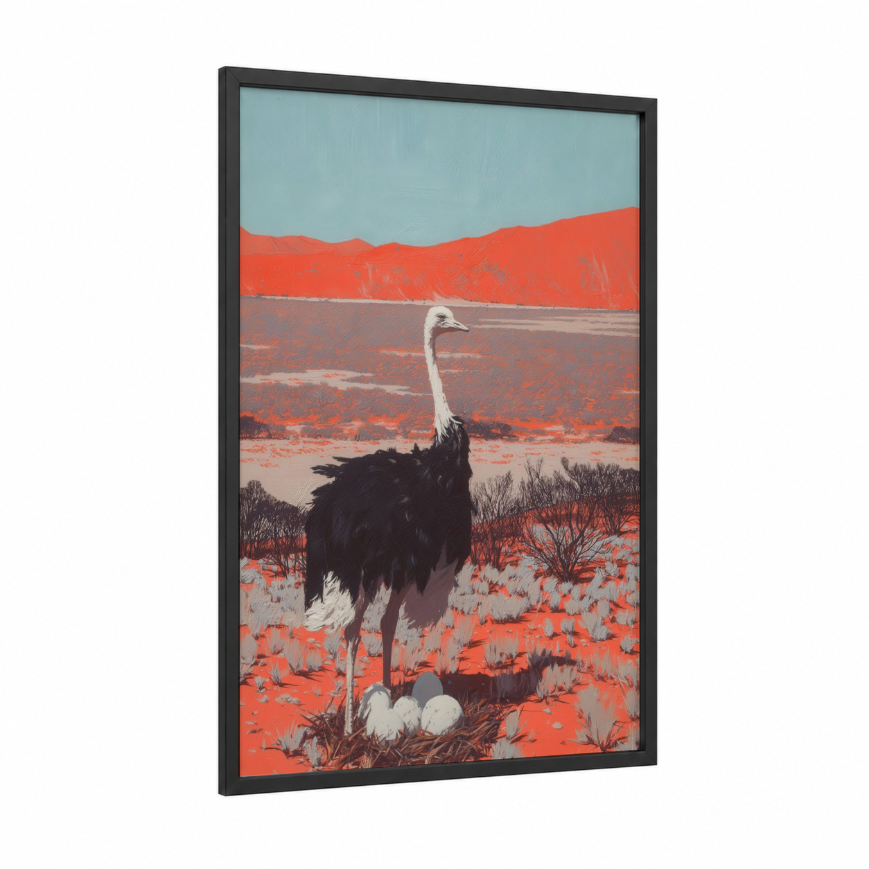 Desert Ostrich framed art print — black wood frame — orange and teal palette