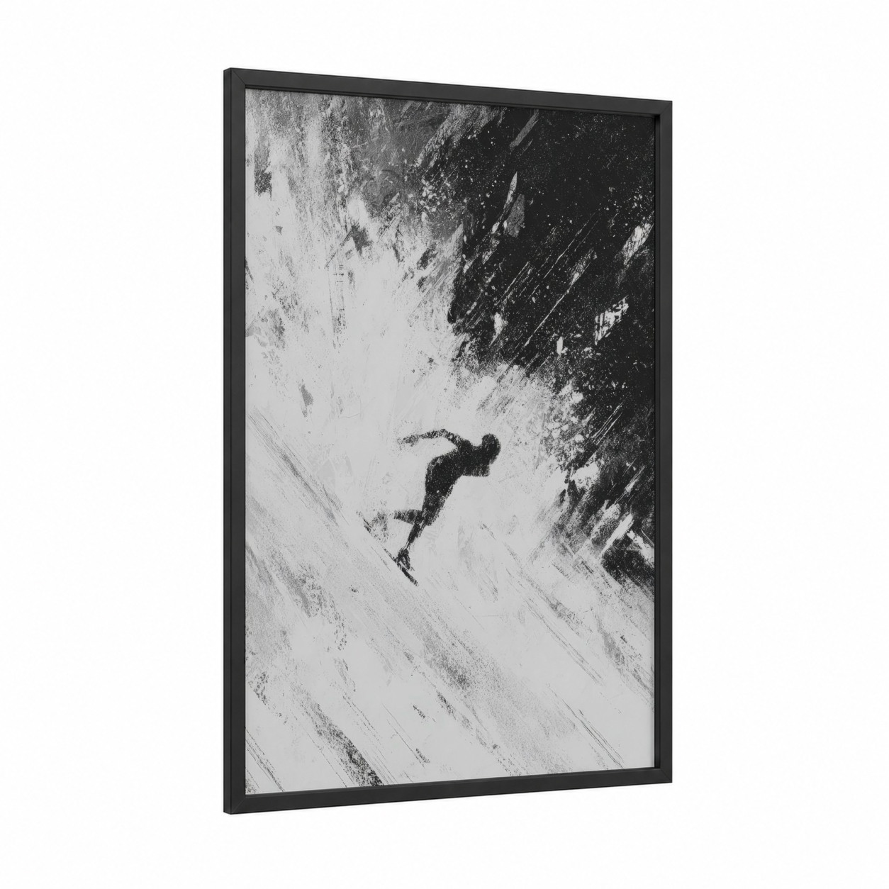 Snowy Descent framed ice skating print — black wood frame — black and white palette