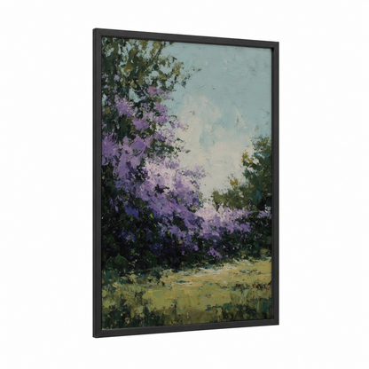 Purple Lilac Garden framed art print — black wood frame — lavender and green palette
