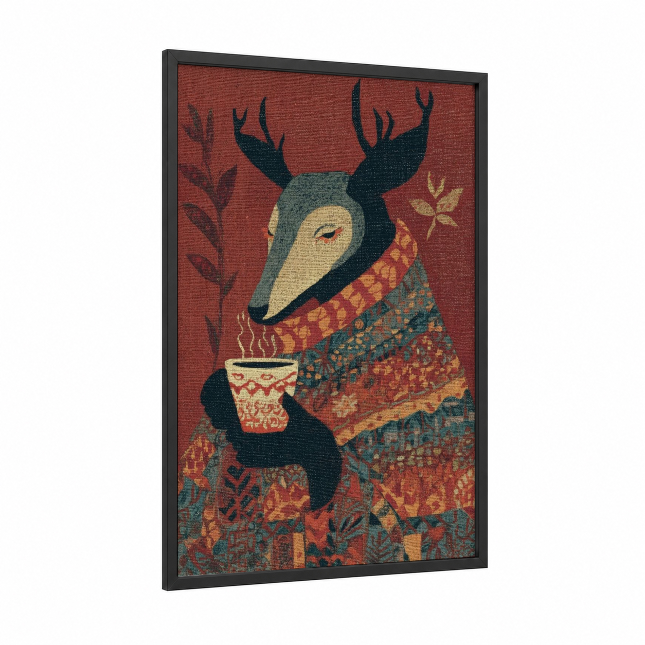 Cozy Reindeer framed art print — black wood frame — russet and teal palette