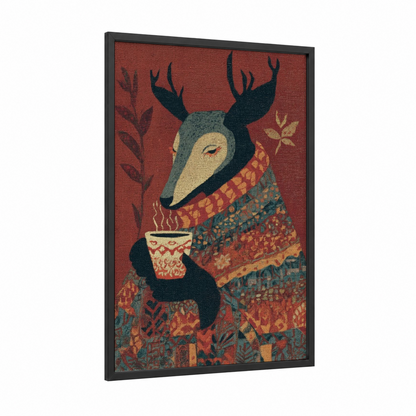 Cozy Reindeer framed art print — black wood frame — russet and teal palette