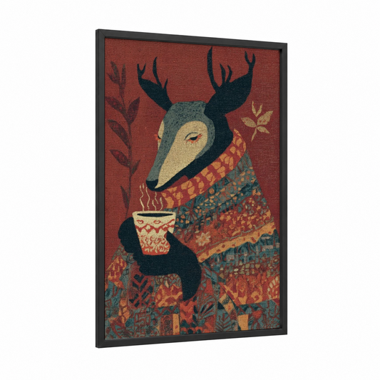 Cozy Reindeer framed art print — black wood frame — russet and teal palette