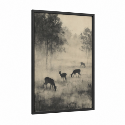 Misty Deer Hunt framed hunting print — black wood frame — gray and white and black and white palette