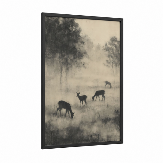 Misty Deer Hunt framed hunting print — black wood frame — gray and white and black and white palette