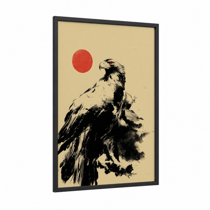 Crimson Sun Eagle framed art print — black wood frame — black and white and pumpkin palette