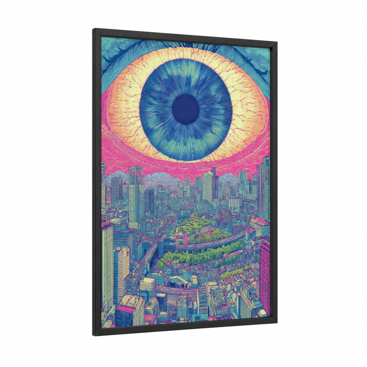 Psychedelic Metropolis framed japanese psychedelic print — black wood frame — magenta and yellow gold palette