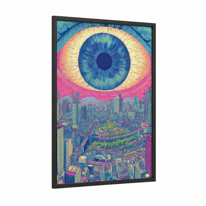 Psychedelic Metropolis framed japanese psychedelic print — black wood frame — magenta and yellow gold palette