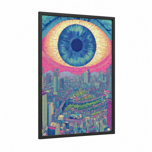 Psychedelic Metropolis framed japanese psychedelic print — black wood frame — magenta and yellow gold palette