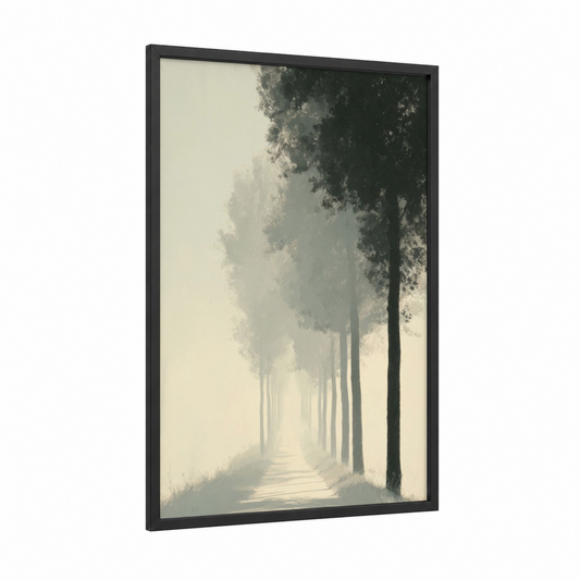 Misty Path Serenity framed christian symbols print — black wood frame — gray and cream palette