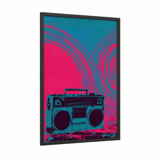Neon Boombox framed art print — black wood frame — magenta and teal palette