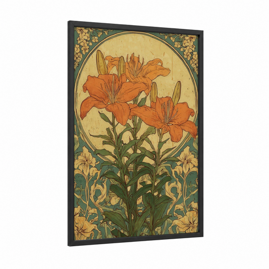 Orange Lily Elegance framed art print — black wood frame — orange and cream palette