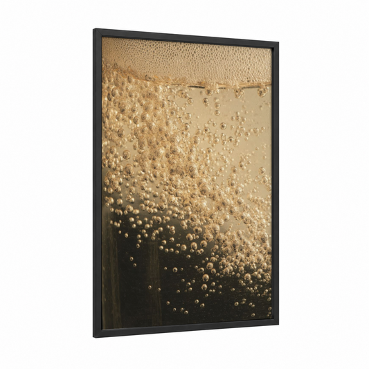 Golden Bubbles framed white wine print — black wood frame — gold and cream palette