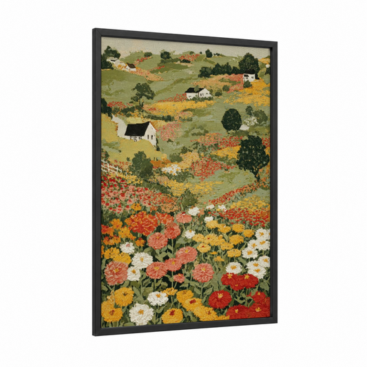 Cottage Flower Field framed art print — black wood frame — true green and yellow gold palette
