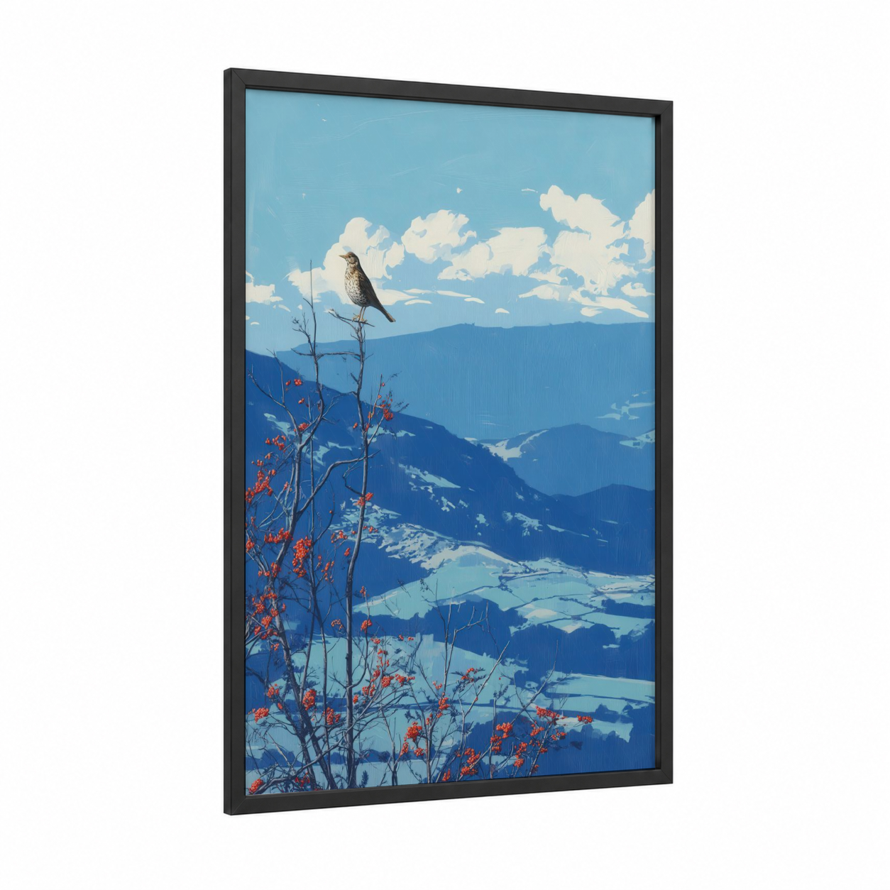 Mountain Thrush framed art print — black wood frame — blue and cream palette