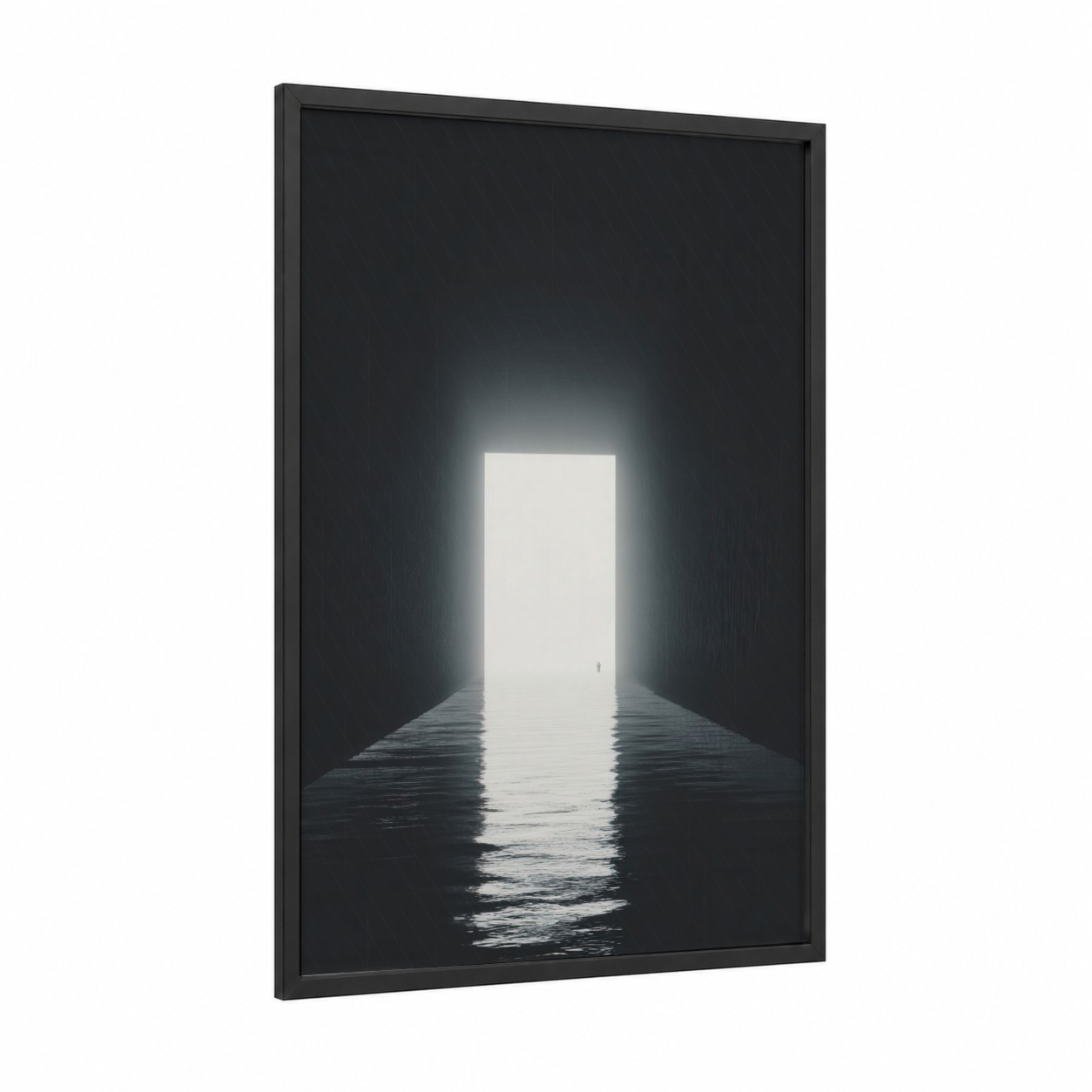 Light Portal Tunnel framed art print — black wood frame — black and white and gray palette