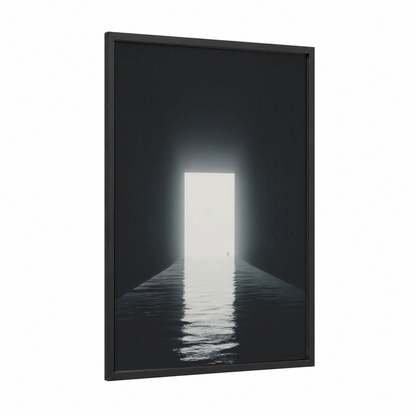 Light Portal Tunnel framed art print — black wood frame — black and white and gray palette