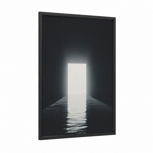 Light Portal Tunnel framed art print — black wood frame — black and white and gray palette