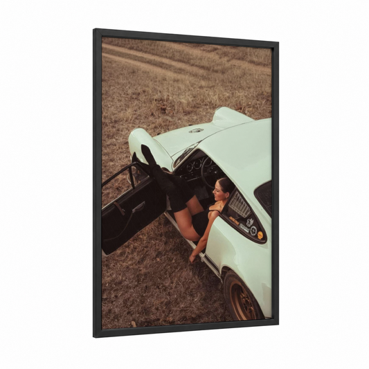 Vintage Sports Escape framed sports car print — black wood frame — cream and russet palette