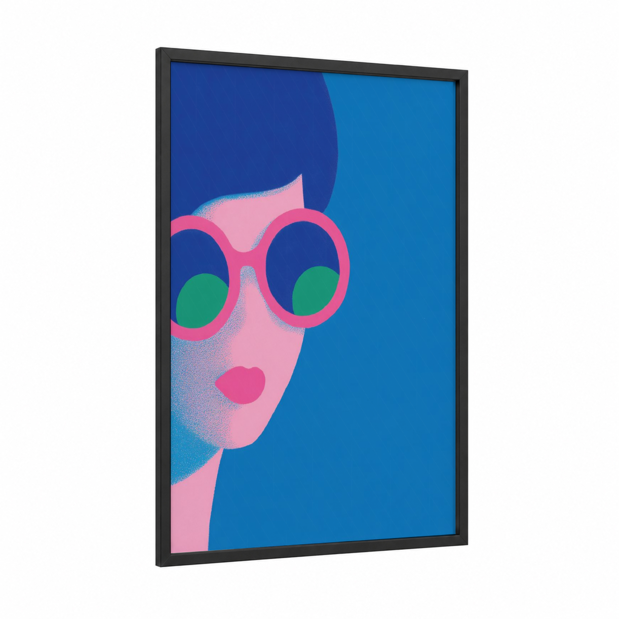 Neon Fashion Portrait framed fashion illustration print — black wood frame — pink and blue palette
